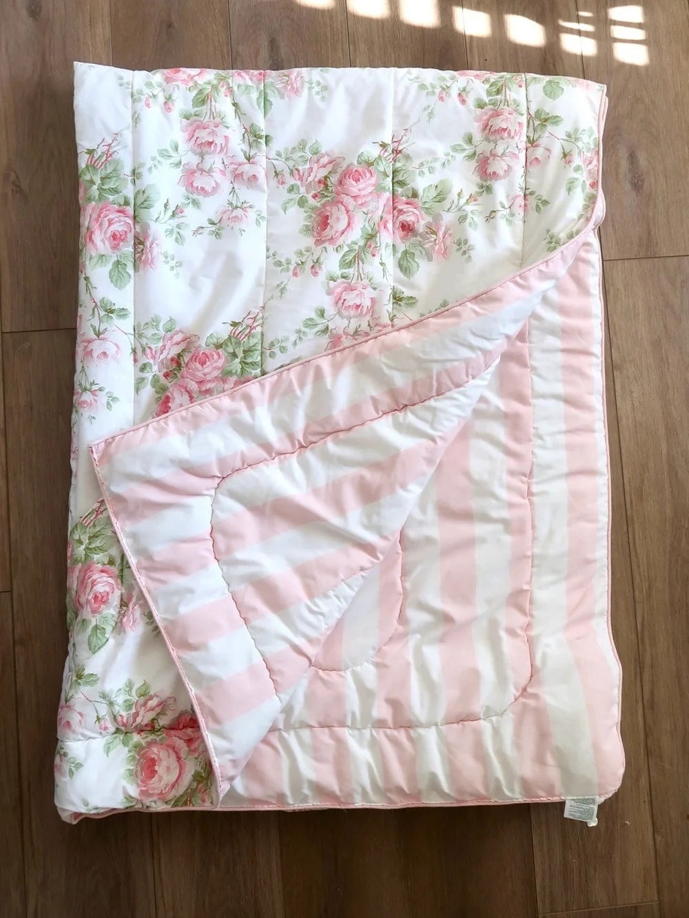 Vintage Laura Ashley Twin Comforter Pink Rose Floral Reversible Striped Cottage